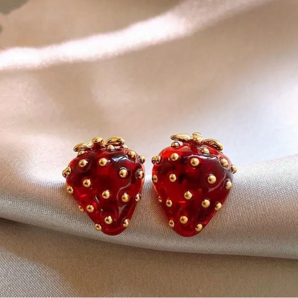 Strawberry Stud Earrings in Red and Gold